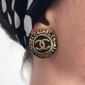 Vintage Chanel Logo Earrings - gold and black